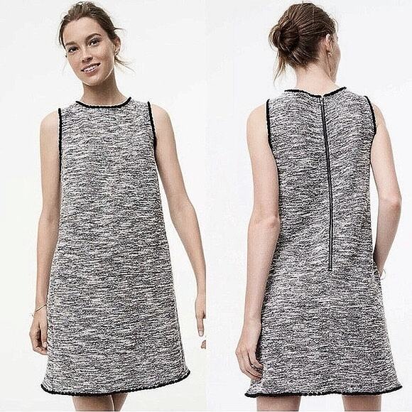 Ann Taylor LOFT Gray Tweed Sleeveless Fringe Back Zip Mini Shift Dress Size S - Picture 1 of 8